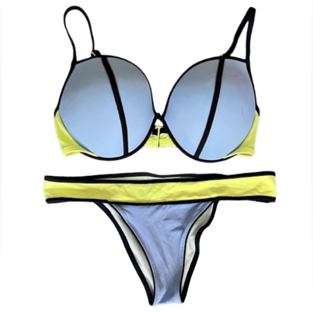 Victoria's Secret neon lemon, periwinkle and black bikini, cheeky bottom L